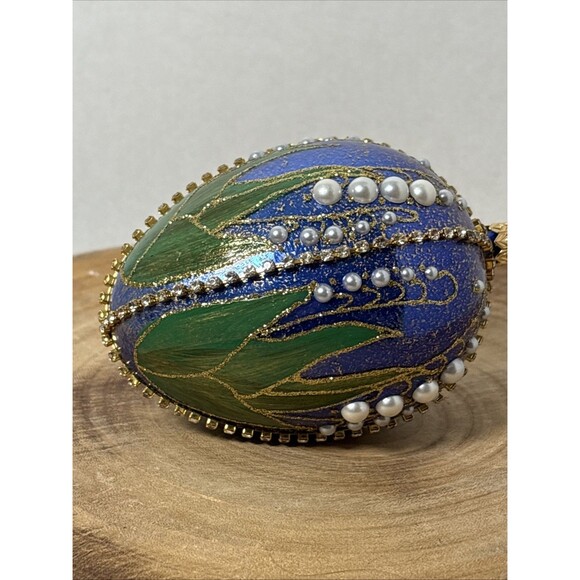Faberge Inspired Blue Lilies of The Valley Egg Polish Glass Christmas Ornament - Picture 3 of 6